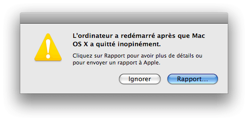 L’ordinateur a redémaré après que Mac OS X a quitté inopinément.